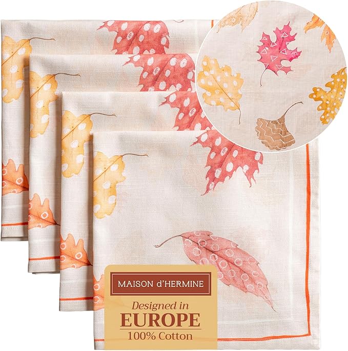 Maison d' Hermine Cloth Napkins Set of 4 100% Cotton Everyday Reusable Square Napkins Cloth Washable, Dinner, Party, Wedding, Restaurant (Colors of Autumn, 20" x 20")