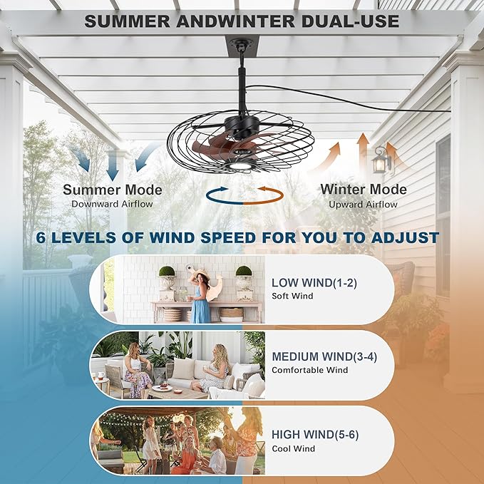 20" Outdoor Ceiling Fan with Light, Waterproof Gazebo Fan Remote Control, Dimmable LED Light, Hanging Black Caged Ceiling Fixtures with Plug in Cord for Patios Pergola