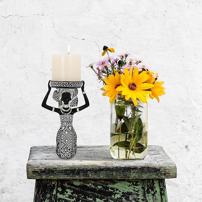 African Lady Figurine Candle Holder with African Tribal Totem for Wedding,Church,Holiday Decor-African Decorative Women Statues, Candlestick Holder for Home and Table Decor(753-B)