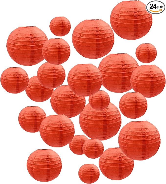 Handmade Decorative Chinese Japanese Hanging Paper Lanterns 24pcs Assorted Sizes 6", 8", 10", 12" Mixture Colors Decoration for Home, Weddings and Parties Lanterns (All Red)
