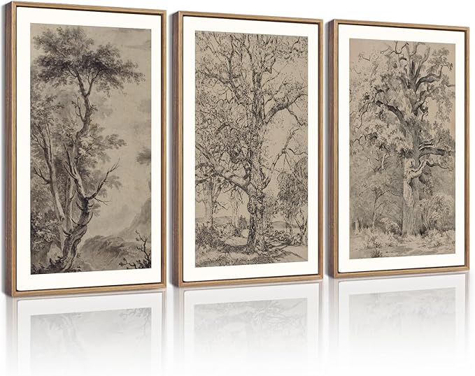 KUVIOKE Boho Vintage Tree Wall Art Framed Neutral Retro Forest Art Prints Antique Rustic Nature Wilderness Paintings Bedroom Hallway Decor 12x16in (Natural Framed)