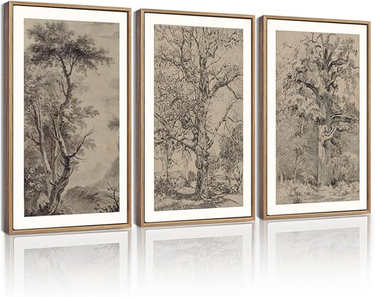 KUVIOKE Boho Vintage Tree Wall Art Framed Neutral Retro Forest Art Prints Antique Rustic Nature Wilderness Paintings Bedroom Hallway Decor 12x16in (Natural Framed)