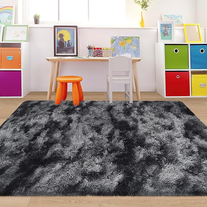 4x6 ft Area Rug for Bedroom Black Grey Tie Dye Fluffy Rug Mat Bedside Throw Rug for Living Room Kids Room Boys Teens Nursery Baby Dorm Office Home Decor Aesthetic Carpets
