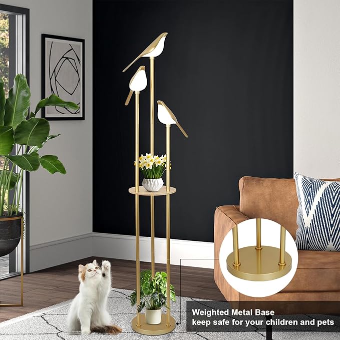 Gold Floor Lamps for Living Room, Modern Floor Lamp with Shelves, Mid Century Standing Lamp with 3 Adjustable LED Bird Lights, Corner Tall Lamp with Table, Brass Stand up Lamp for Bedroom Kids Room