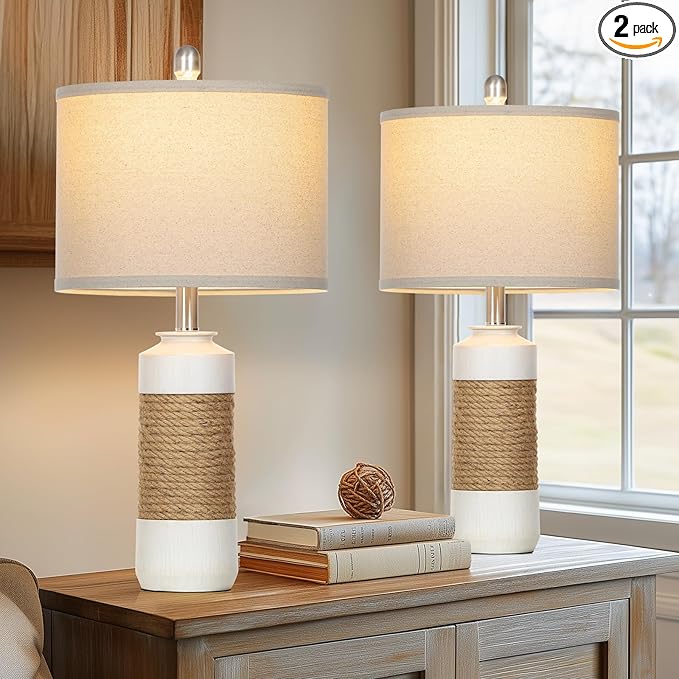 Boho Table Lamps for Bedroom Nightstand 25.5" Farmhouse Bedside lamp Set of 2,Rattan Lamps Cottage Lamps for Living Room End Table Side Table (Include Bulbs)