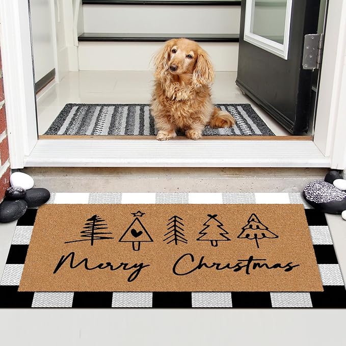 2 Pcs Merry Christmas Door Mat Xmas Tree Welcome Non Slip Coir Mats Heart Xmas Black White Buffalo Plaid Floor Layering Doormats Seasonal for Front Porch Entryway Decor(Christmas)