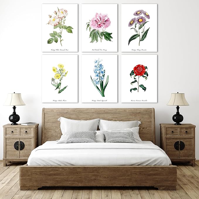 COSCTOR Set of 6 Botanical Floral Wall Art Decor Vintage Flower Market Canvas Framed 6 Pieces Green Plant Sage Minimalist for Bedroom Living Room Bathroom Hallway Home Decoration(Framed, 9x12)
