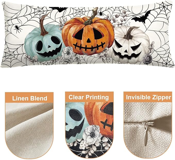 Baccessor Halloween Pillow Cover 14x36 Inch, Pumpkins Bats Spider Web Long Pillow Case Halloween Decor for Cushion Sofa Couch Indoor Outdoor Decoration 1 Piece