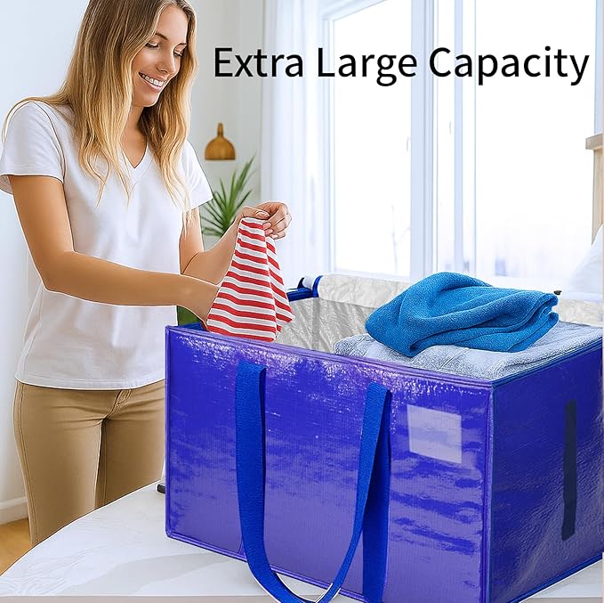 8 Pack-Extra Large Heavy Duty Moving Bags - Waterproof Storage Totes with Handles & Zippers, Foldable for College Dorm, Storage (Blue)