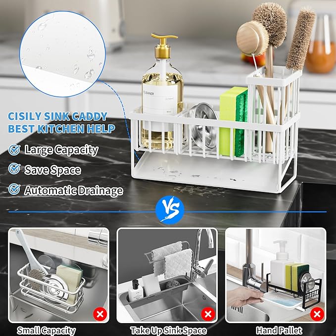 Cisily Sink Caddy Sponge Holder for Kitchen Sink, 304 Stainless Steel Rustproof, Kitchen Sink Caddy with High Brush Holder, Kitchen Sink Organzier Dish Sponge Organizer with Divider(White)