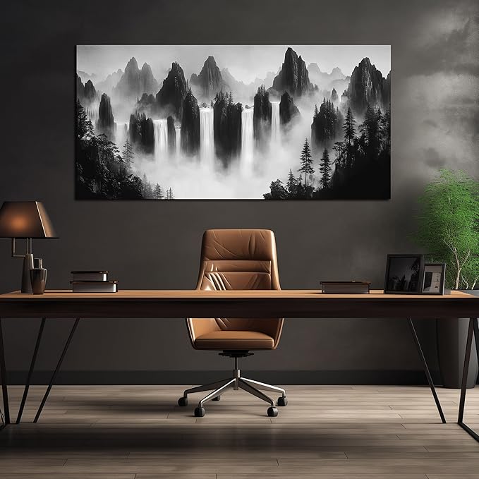 Mountain Canvas Wall Art for Living Room Large Size Black and White Pictures for Wall Waterfalls Wall Art for Office 29 x 58 Inches