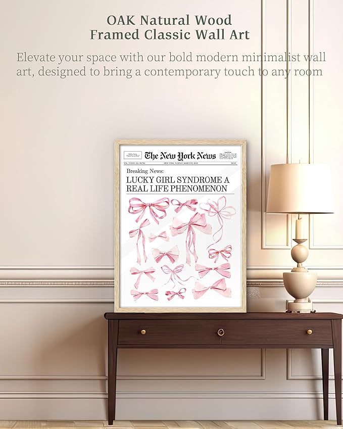 iHery Natural OAK Wood Trendy Retro Newspaper Framed Wall Art, Large 16x20 in Pink Bow Poster Vintage Canvas Wall Art, Beige Frame Lucky Girly Bedroom Bathroom Coquette Living Room Décor Set of 1