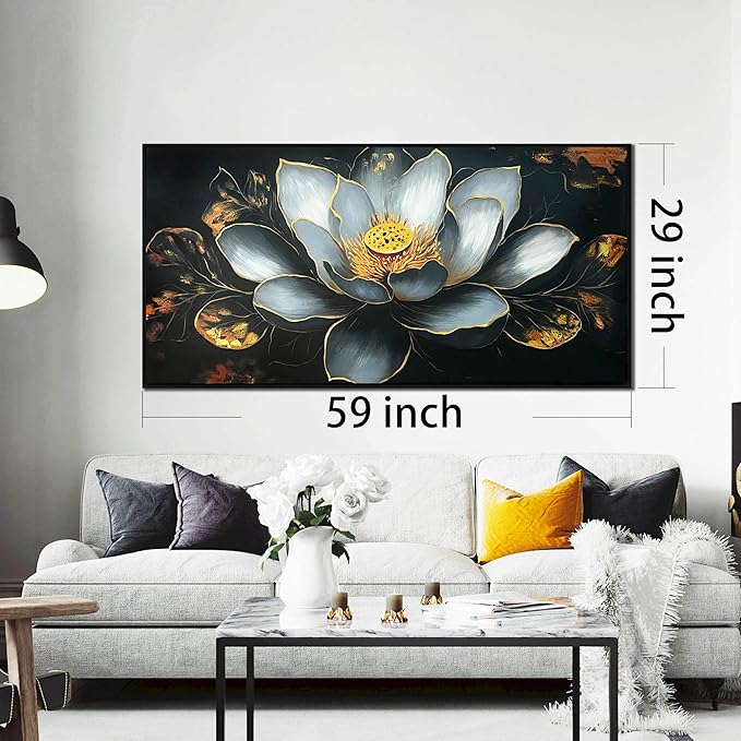 Lotus Flower Painting Wall Art for Bedroom - Black and White Hand Painted Wall Art for Living Room Large Size - Black Framed Wall Decor Size 29" x 59"