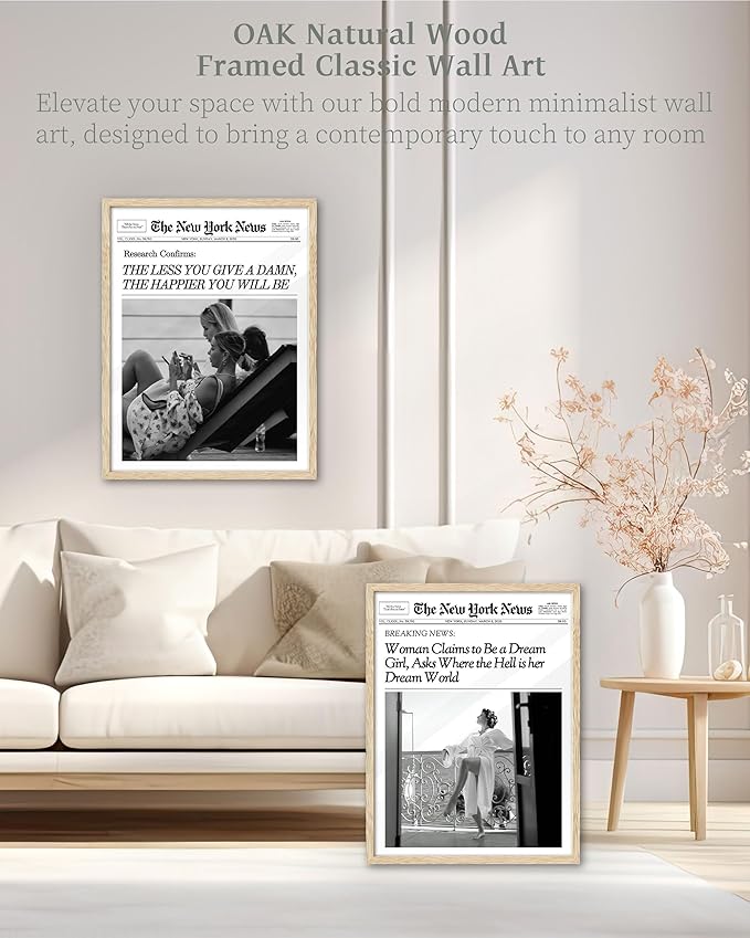 iHery Natural OAK Wood Newspaper Trendy Black White Framed Wall Art, 12x16 in Vintage Headline Canvas Print, Beige Logs Retro Art, The Less You Give a Damn, Set of 1 Apartment Decor College Dorm