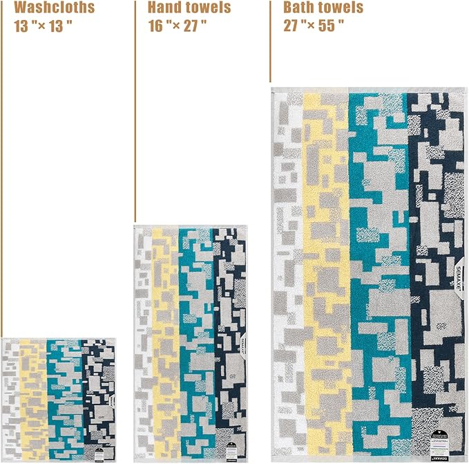 SEMAXE 18-Pack Bath Towel Set Include 6 Bath Towels, 6 Hand Towels, 6 Wash Cloths, 100% Cotton Bathroom Towels with Hanging Loops, Soft and Absorbent Towel, Colorful Towel - Checkered Collection