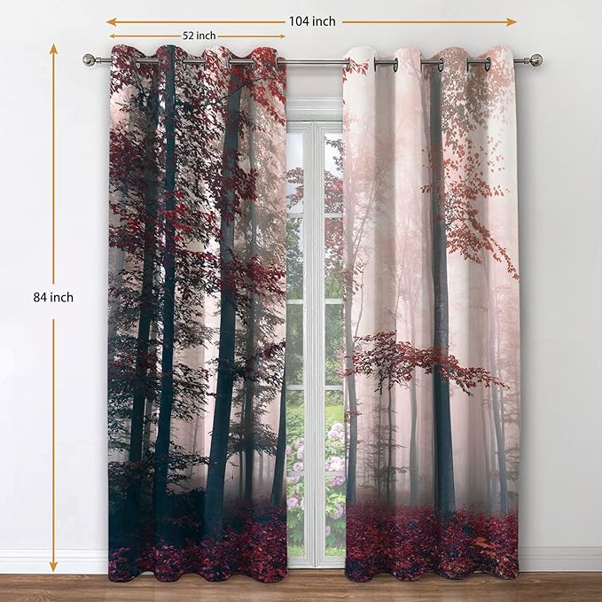Jekeno Fall Tree Forest Blackout Curtains Autumn Tree Orange Leaves Mystic Foggy Forest Nature Scenery Wood Decor for Halloween Bedroom Living Room Grommet Window Drapes 2 Panel Set, 52"x84"