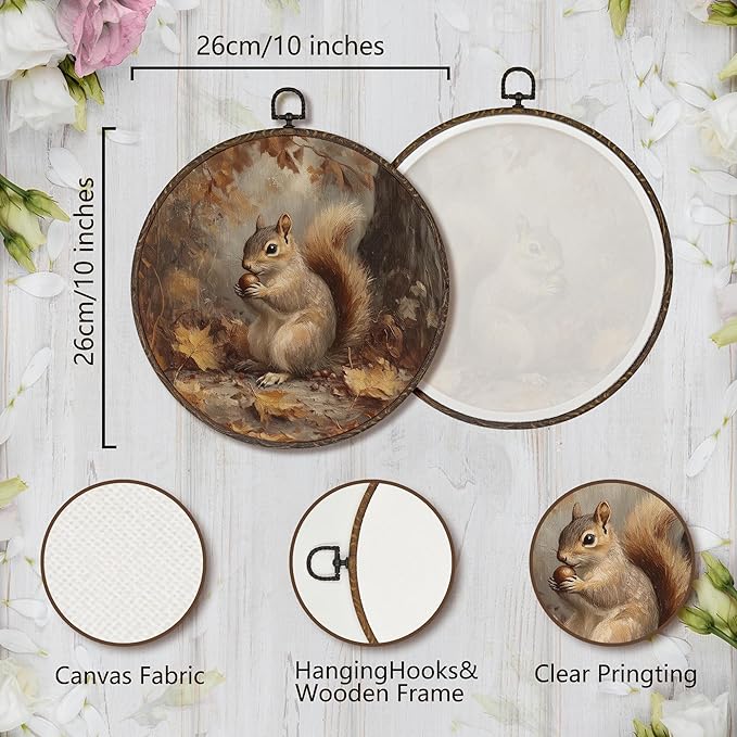 XNXLDYLH Vintage Fall Squirrel Round Framed Wall Art Decor, Rustic Farmhouse Woodland Hanging Wall Decor Decorations, Autumn Fall Canvas Prints Wall Art Paintings for Bedroom Living Room, 10x10 Inch