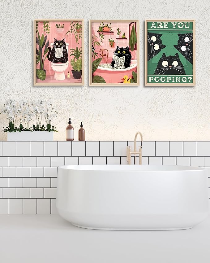 UPWOIGH Funny Cat Bathroom Wall Art, 12"x16" Wood Framed Canvas Decor, Are You Pooping? Black Cat Poster Set of 3, Cute Reading and Bathing Humor Prints for Kids Room Bedroom, Fun Gift Idea