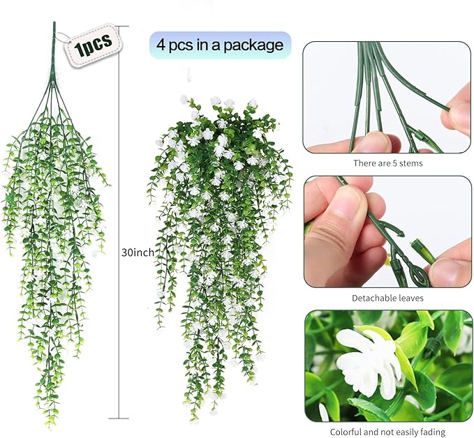 SJL 4pcs Fake Hanging Plants Realistic Artificial Outdoor Flowers Hanging Greenery Artificial Ivy Vine Leaves Faux Green Plastic Plants Greenery Flowers Green Leaf Decor for Wall Home (White)