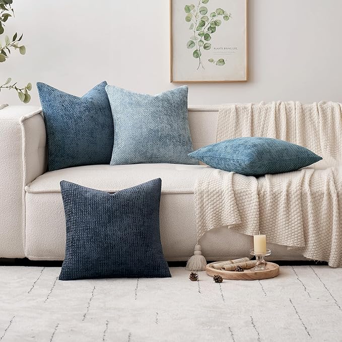 MIULEE Pack of 4 Couch Throw Pillow Covers 24x24 Inch Neutral Blue Soft Decorative Chenille Pillow Covers Farmhouse Accent Cushion Covers for Boho Western Home Coastal Decor Sofa Bedroom Living Room