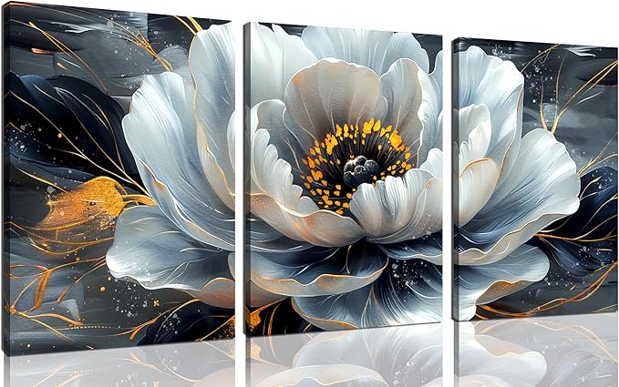 Flower Pictures Wall Art for Living Room - Modern Office Artwork Wall Decor - Black and White Canvas Wall Art for Bedroom Size 12" x 16" x 3 Pieces