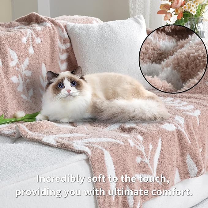 Leaf Pattern Throw Blanket Soft Cozy Spring Blanket for Bed, Couch, Sofa Lightweight Breathable Stylish Seasonal Home Decor Blanket Dusty Rose 50x60 Inches