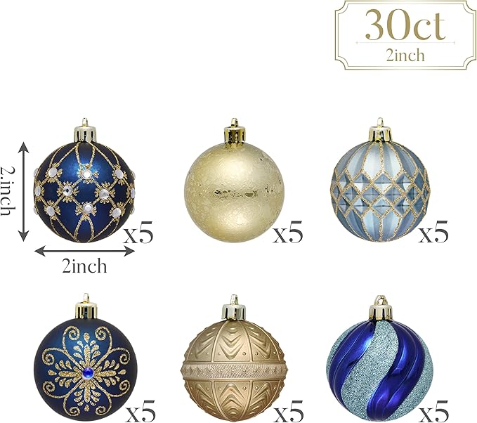 Valery Madelyn Christmas Ornaments Set, 30ct 2 Inches Blue and Gold Shatterproof Christmas Tree Decorations Ball Ornaments Bulk, Luxury Hanging Ornaments for Xmas Holiday Party Decor
