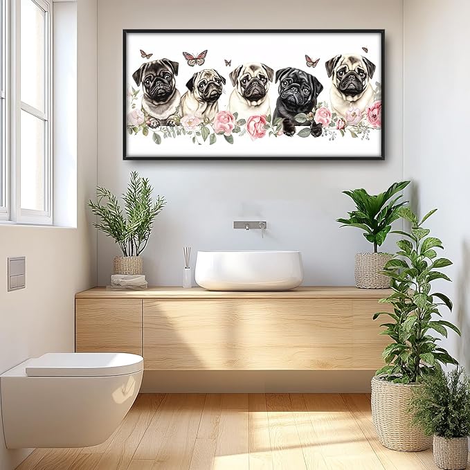 Flintis Large Pug Wall Art Dog Butterfly Pictures Wall Decor Abstract Animal Canvas Painting Print Artwork Decoration Framed for Living Room Bathroom Master Bedroom Office Dining Room 60L x 30W