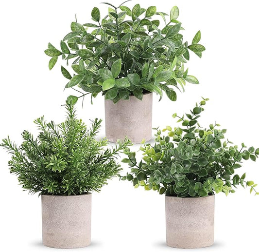 Der Rose 3 Pack Mini Potted Fake Plants Artificial Plastic Eucalyptus Plants Centerpieces for Table Home Office Desk Accessories Farmhouse Room Classroom Decor