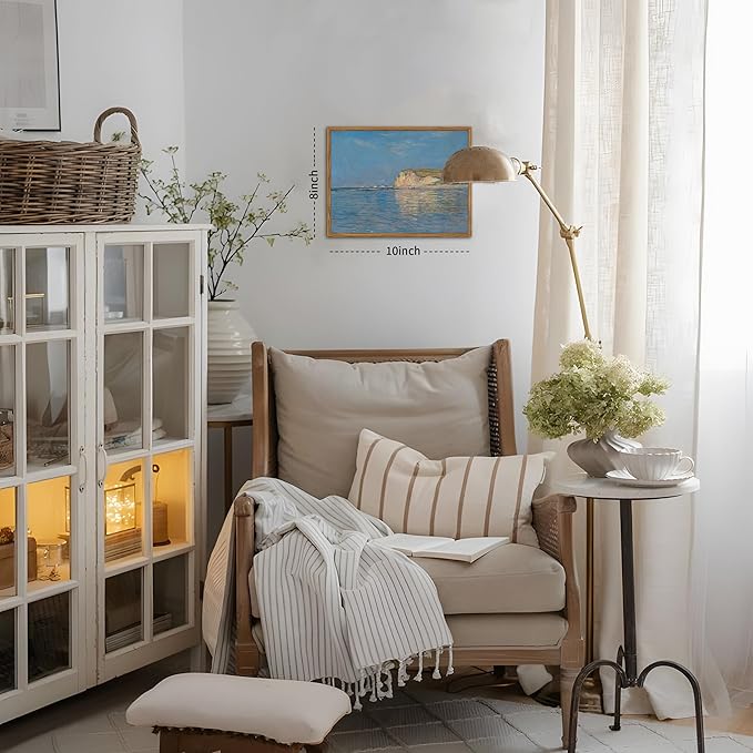 Framed Monet Coastal Wall Art Decor – Impressionist Beach Oil Painting Canvas Prints – Vintage Beachy Landscape Classic Aesthetic Wall Decor for Living Room Bedroom Bathroom – 10"x8"