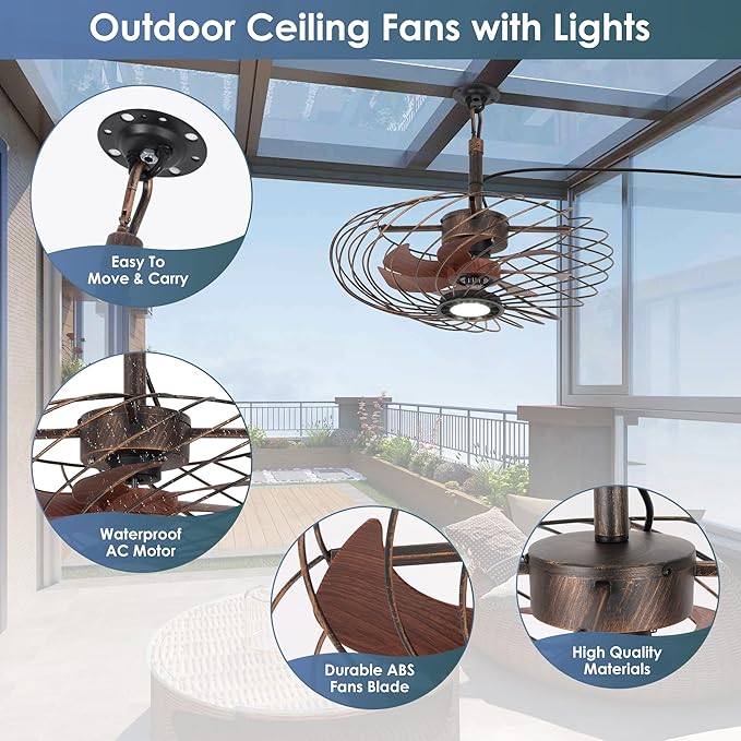20" Outdoor Ceiling Fan with Light, Waterproof Gazebo Fan Remote Control, Dimmable LED Light, Hanging Black Caged Ceiling Fixtures with Plug in Cord for Patios Pergola, Black Gold