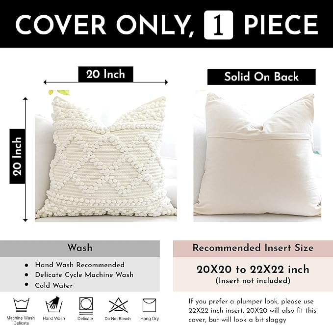 Pure White Decorative Throw Pillow Cover 20X20, Boho Accent Pillow for Couch, Square Modern Farmhouse Pillowcase for Living Room Couch Sofa Cushion Home Décor (Pack of 1)