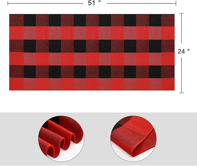 SEEKSEE Cotton Buffalo Plaid Rug 24"x52" Black and Red Checked Rug Washable Doormats Indoor Outdoor Rugs for Layered Front Door Mats, Porch, Kitchen, Farmhouse, Entryway