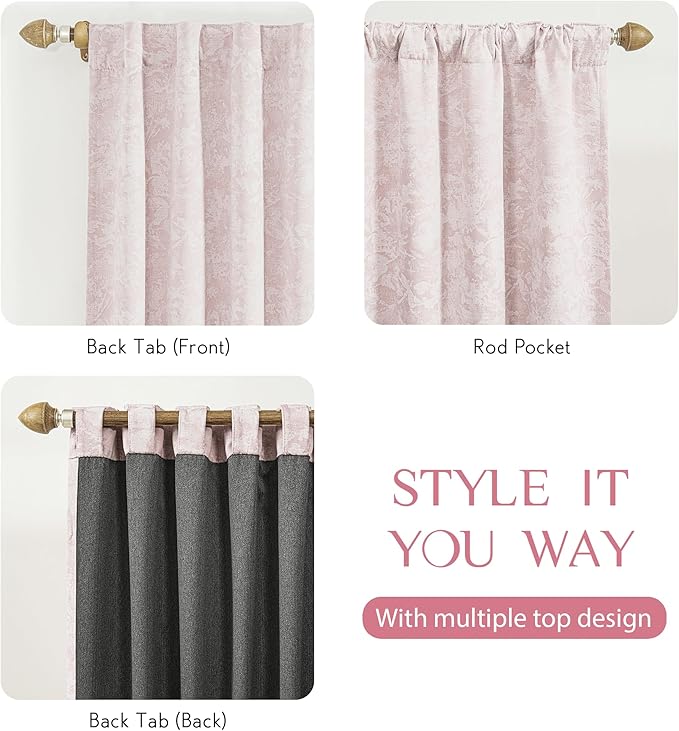 Beauoop Pink Floral Jacquard Blackout Curtains 84 Inches Long 2 Panels for Girls Bedroom Living Room Chenille Flower Room Darkening Thermal Insulated Soundproof Rod Pocket Back Tab Window Drapes 52x84