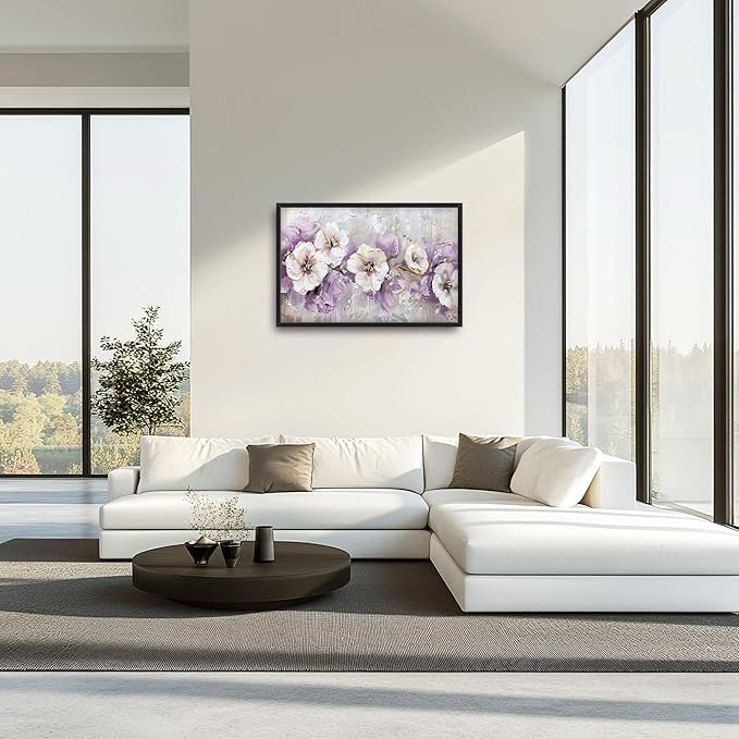 Large Wall Art for Living Room Framed, Purple Flower Wall Decor Pictures, Abstract Floral Canvas Print Painting, Aesthetic Artwork Bedroom Office Home Decor 36"x24"
