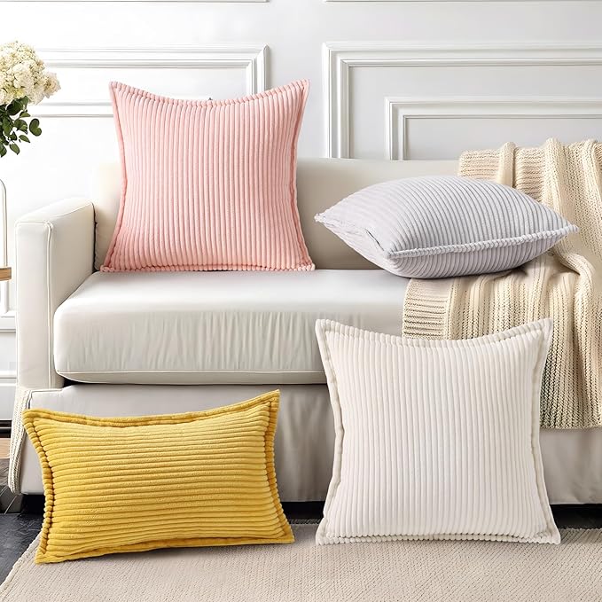 Mecatny Corduroy Throw Pillow Covers 24x24 Set of 2, Neutral Decorative Soft Boho Couch Pillow Covers with Broadside for Sofa Living Room, Pink