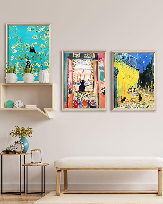 UPWOIGH 12"x16" Wood Framed Wall Art, Black Cats Canvas Wall Decor, Set of 3, Henri Matisse and Van Gogh Prints Poster, Funny Cute Animal Pictures for Living Room, Bathroom, Gifts