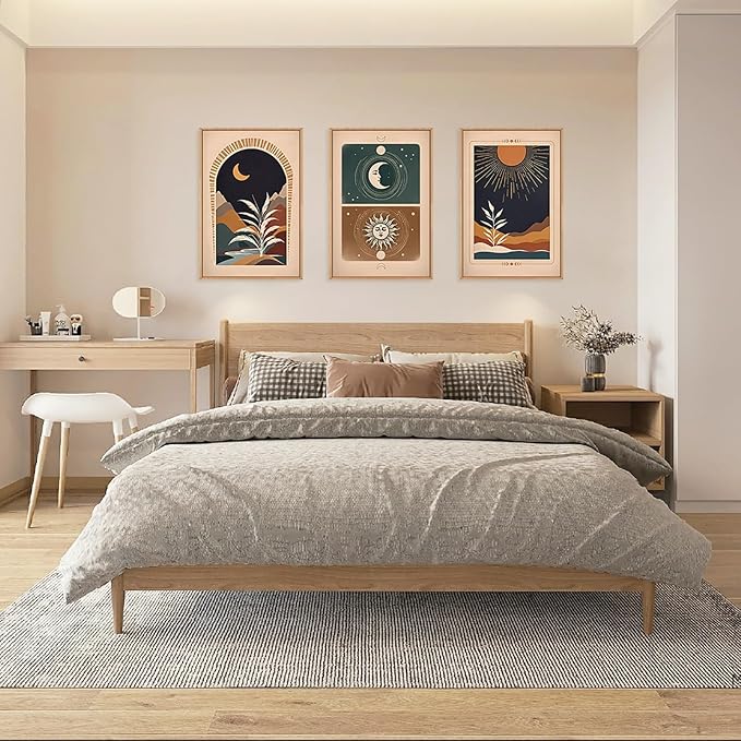 KAIRNE Boho Desert Botanical Framed Canvas Wall Art Set of 3, Bohemian Sun Moon Wall Painting, Mid Century Tropical Leaves Wall Decor, Retro Southwestern Art Print for Living Room, Bedroom 16" x 24"