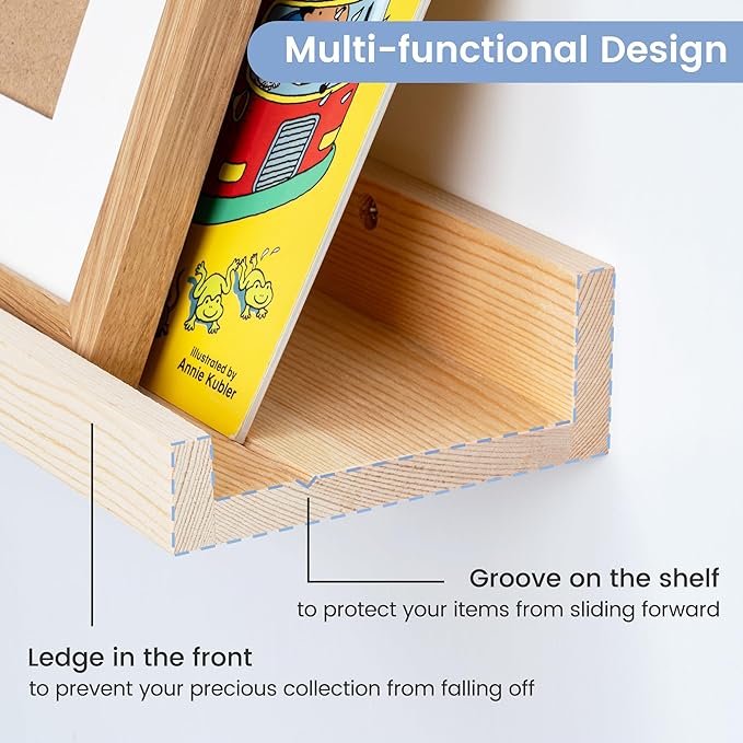 Picture Ledge Shelf for Wall, 36 inch Solid Pine Wood Nursery Book Shelves 2 Packs, Floating Ledge Shelves for Kids' Room Bedroom Bathroom Living Room Photo Frames Office Nursey Wall Decor, Natural