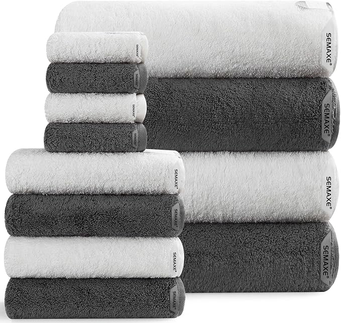 SEMAXE 12-Piece Mixed Color Towel Set (White, Grey) - 100% Cotton, Lightweight, Absorbent, Quick-Drying Bathroom Towel, Ideal for Couples and Gifts, Bath Towel, Hand Towel, and Washcloth Per Color