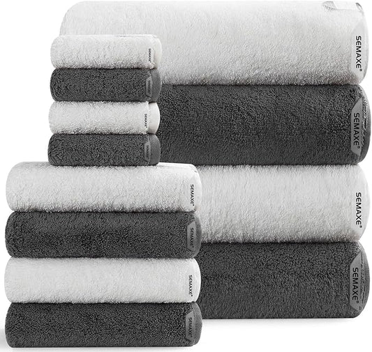 SEMAXE 12-Piece Mixed Color Towel Set (White, Grey) - 100% Cotton, Lightweight, Absorbent, Quick-Drying Bathroom Towel, Ideal for Couples and Gifts, Bath Towel, Hand Towel, and Washcloth Per Color