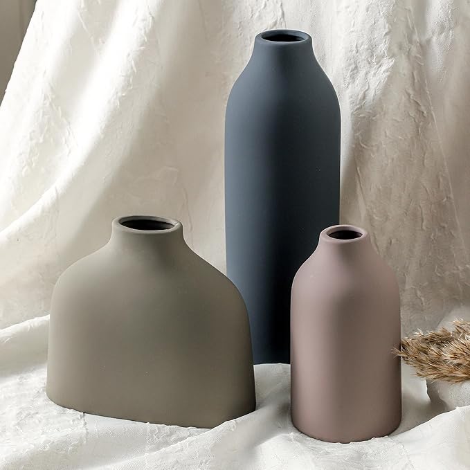 Ceramic Vase Set of 3,Flower Vase Home Decor,Modern Farmhouse Decor, Pampas Grass Dried Fresh Flowers,Bedroom,Living Room,Bookshelf Decoration, Centerpiece Table Boho Decor.