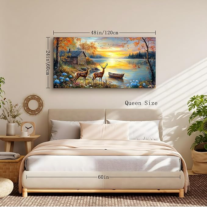 crmotu Rustic Deer Landscape Wall Art, Lake Cottage Pastoral Large Artwork, Nature Autumn Scenery Canvas Prints, Rural Sunset Wall Pictures for Living Room Bedroom Farmhouse Bathroom Decor 24X48 In
