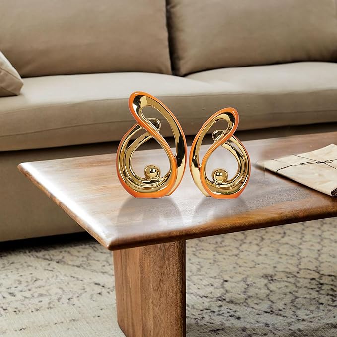 2 Pcs Orange and Gold Decor for Living Room Table Sculpture Decorations Ceramic Decor Mid Century Modern Decor Figurine Centerpieces for Dining Room Kitchen Fireplace Shelf Office Coffee Table Decor