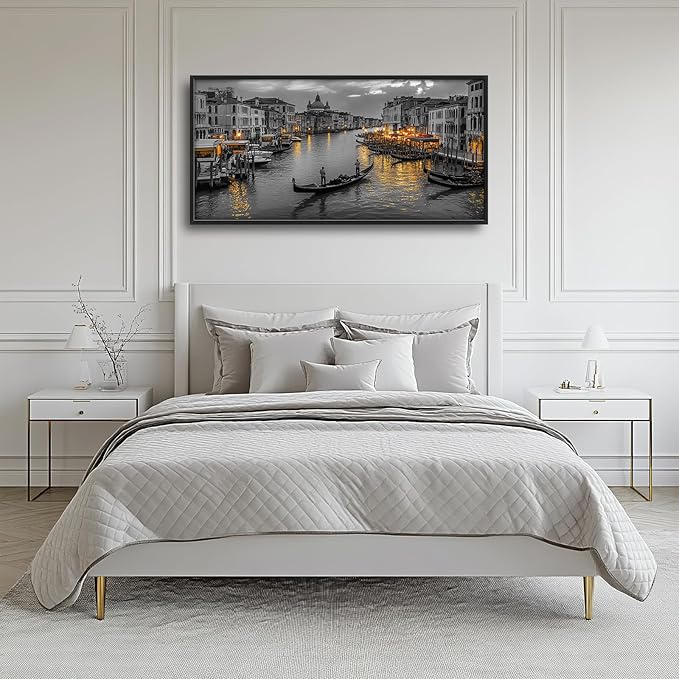Olivine Italy Large Wall Art, Venice City Pictures Wall Decor, Black and White Painting, Cityscape Canvas Prints, Framed Artwork for Dining Room Living Room Bedroom Bathroom Office Home Decor 60"x30"
