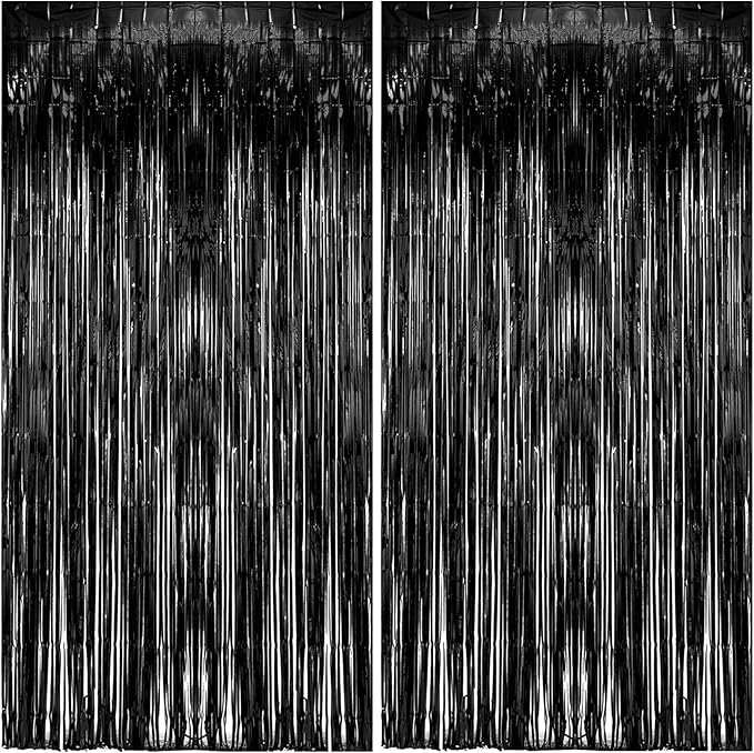2 Pack Foil Curtain Backdrop Black Metallic Tinsel Foil Fringe Curtains Photo Booth Props for Birthday Wedding Engagement Baby Shower Bachelorette Christmas Holiday Celebration Party Decorations