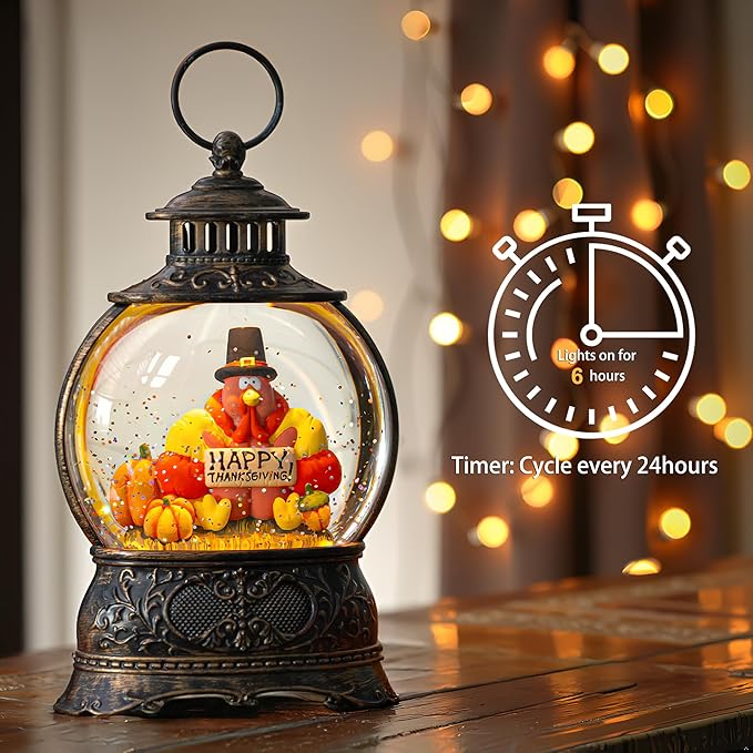 Fall Decor Turkeys Snow Globe Lantern, Thanksgiving Decoration Indoor Tabletop Centerpiece, Swirling Glitter Pumpkins Snow Globe with Turkey, Harvest Day Gifts, Home Fall Halloween Decor