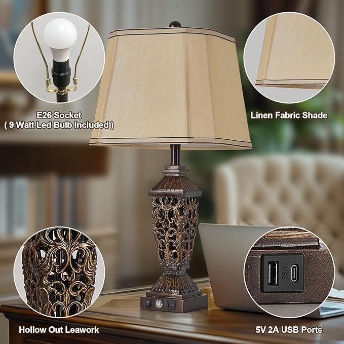 AIDENOEY 27.5“ Farmhouses Table Lamp with USB & USB-C Charging Ports, 3-Color Dimmable & Stepless Bottom Dimming, Touch Control & Switch, Vintage Bedside Lamp for Bedroom Living Room Office,(Brown)