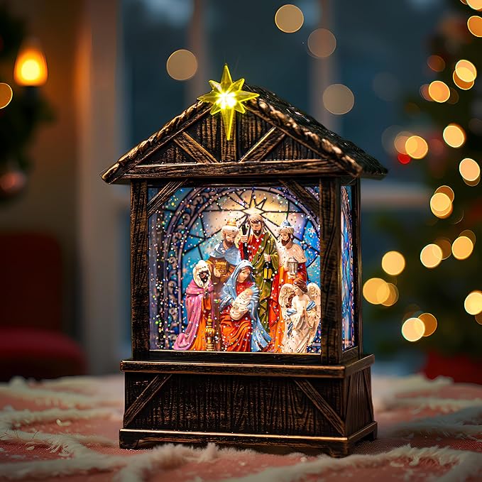 Christmas Snow Globe Lantern Water Glittering Nativity Manger with Star, USB Lined/Battery Operated Lighted Lantern for Christmas Festival Decoration Gifts