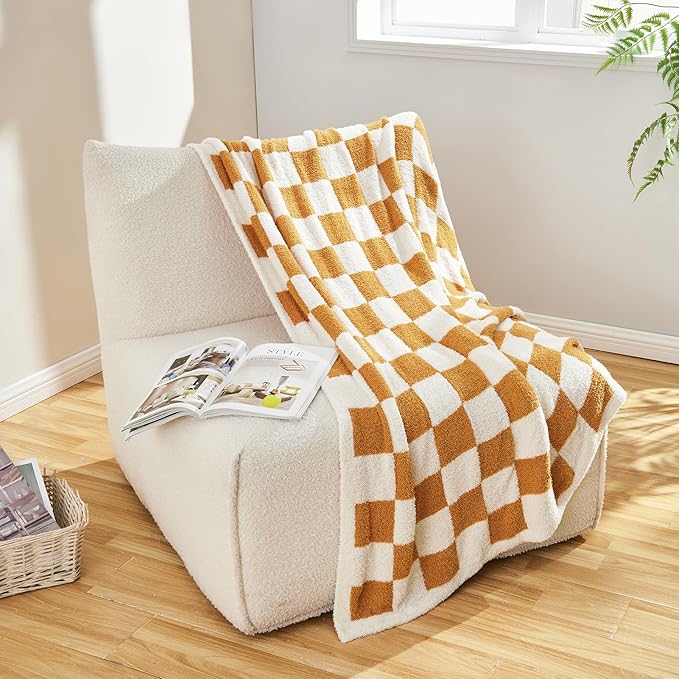 CozeCube Checkered Blanket, Ultra Soft Cozy Orange and White Throw Blanket, Warm Cozy Knit Fuzzy Plush Checkerboard Throw for Couch Bed Sofa, 60"x80"